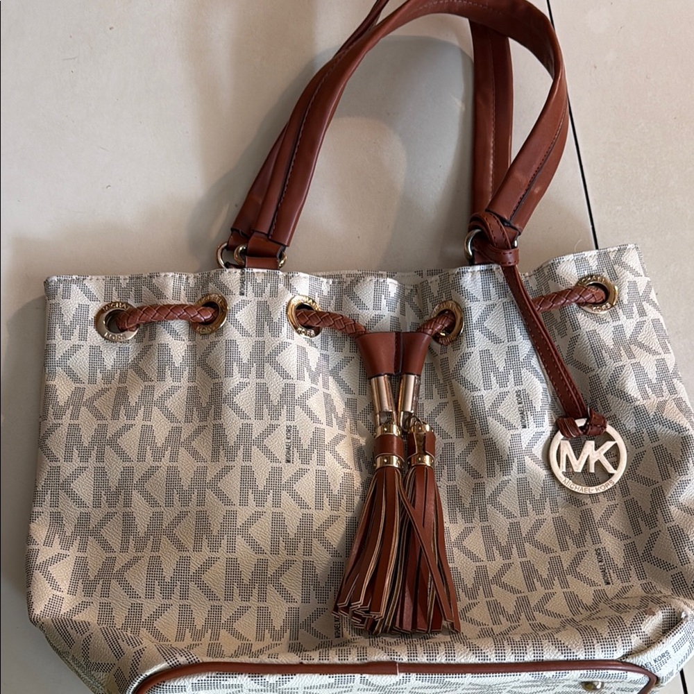 Michael Kors Cream and Brown Shoulder Bag with MK Monogram